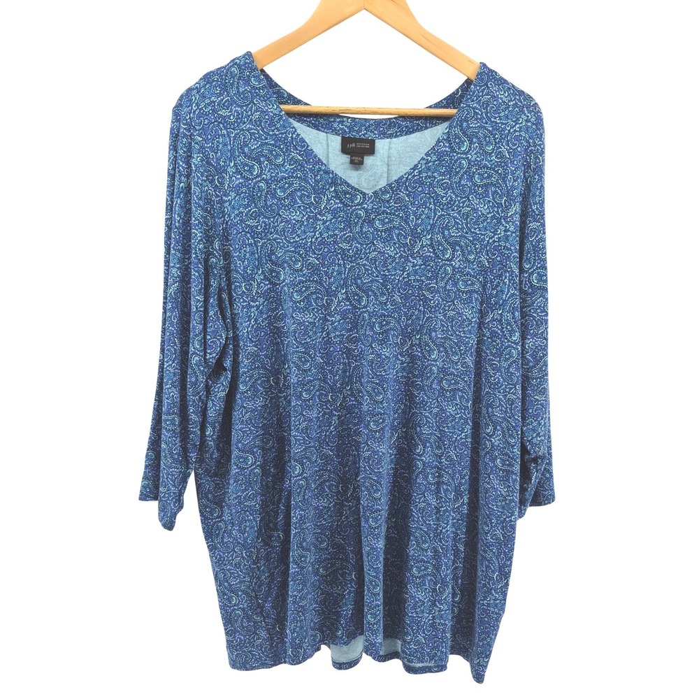 J. Jill Wearever Paisley Tunic Top XL Tall Blue Teal V-Neck 3/4 Sleeve Stretch - Picture 2 of 12